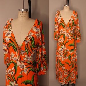 Zara Orange Floral Maxi Dress with Green Leaves
